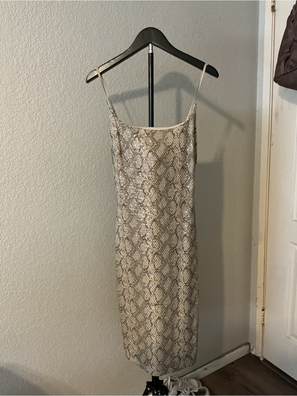 Sequin Snake-Print Slip Dress - Beige